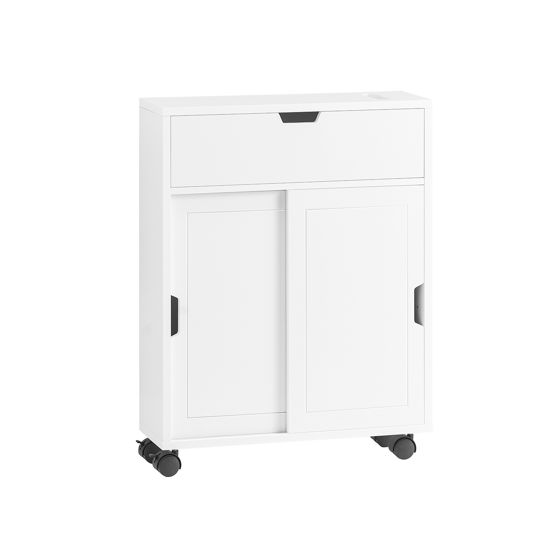 SoBuy Badkamerkast op Wieltjes – Smalle Badkameropberger – Opbergkast voor Kleine Ruimtes, Toiletrolhouder met Schuifdeuren en Klep, 52 x 68 x 17 cm, Wit, BZR31-W
