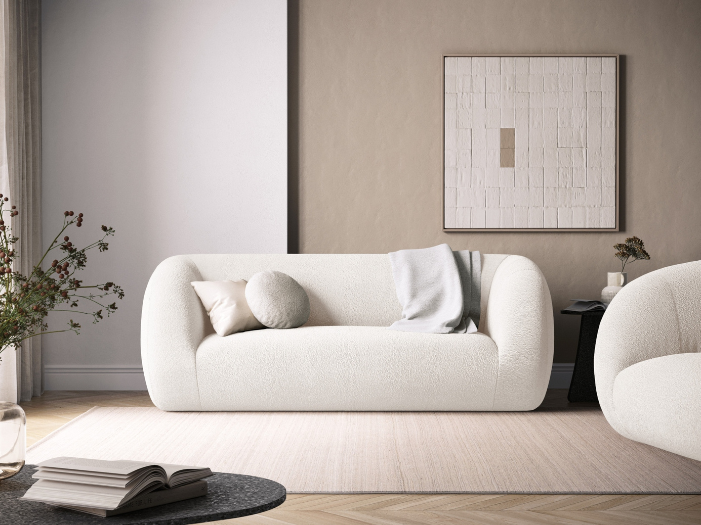Cosmopolitan Design bouclésoffa, "Essen", 2-sits, 210 × 95 × 86 cm, Baloo, svarta plastben