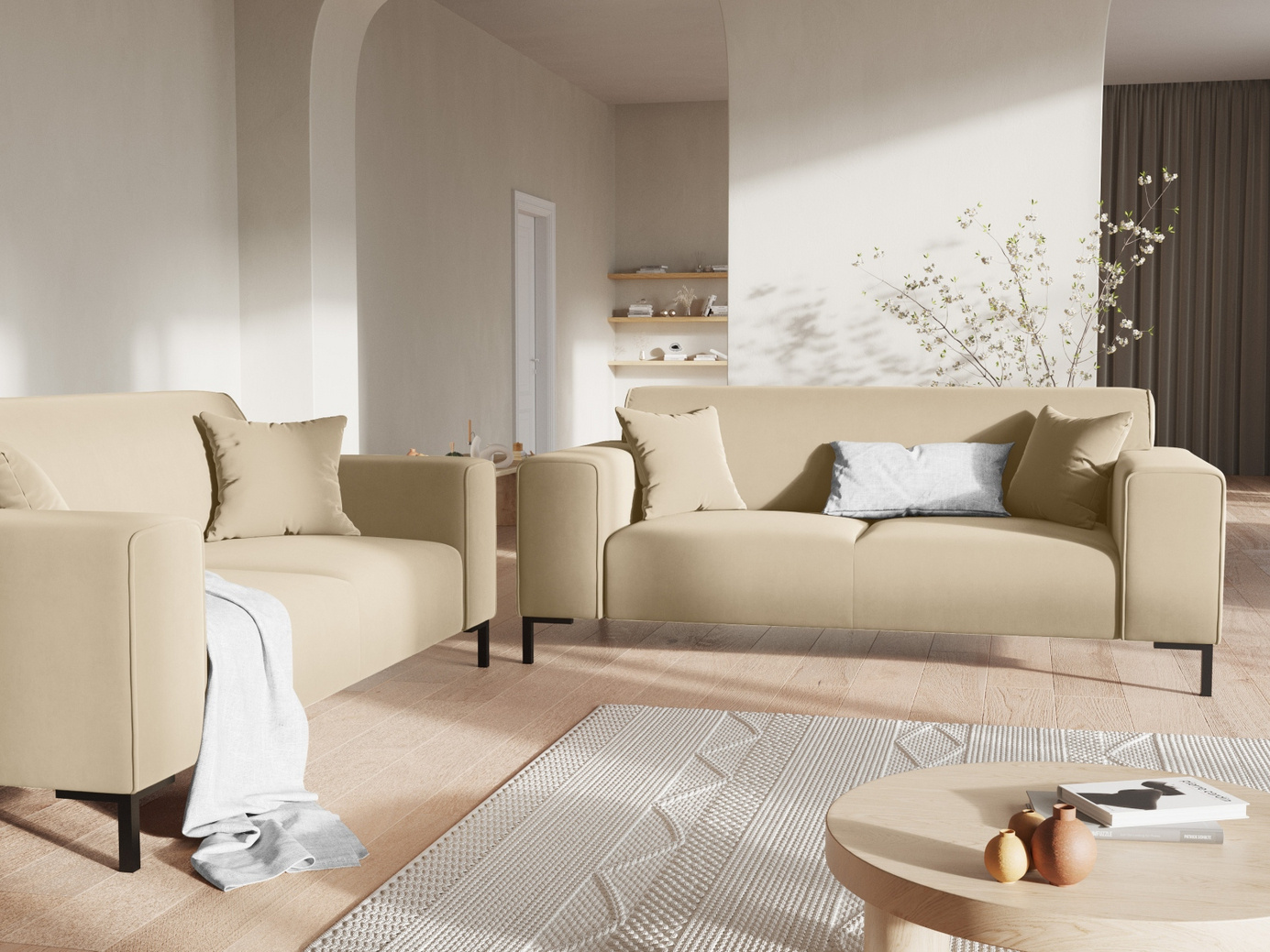 Cosmopolitan Design sammetssoffa, "Siena", 2-sits, 174 × 92 × 69 cm, Salvador, svarta plastben
