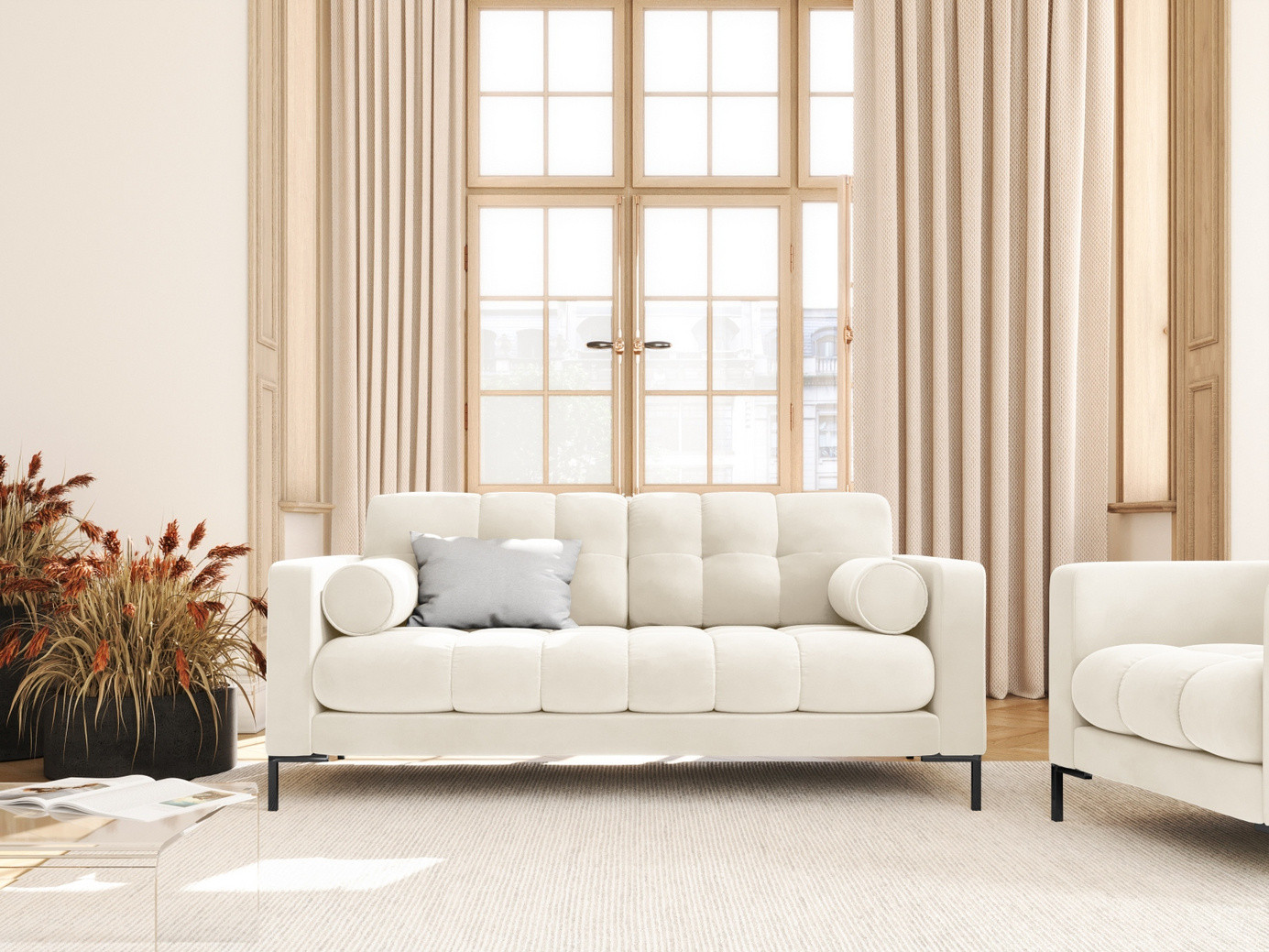Cosmopolitan Design sammetssoffa, "Bali", 2-sits, 152 × 96 × 75 cm, Bluvel, svarta metallben