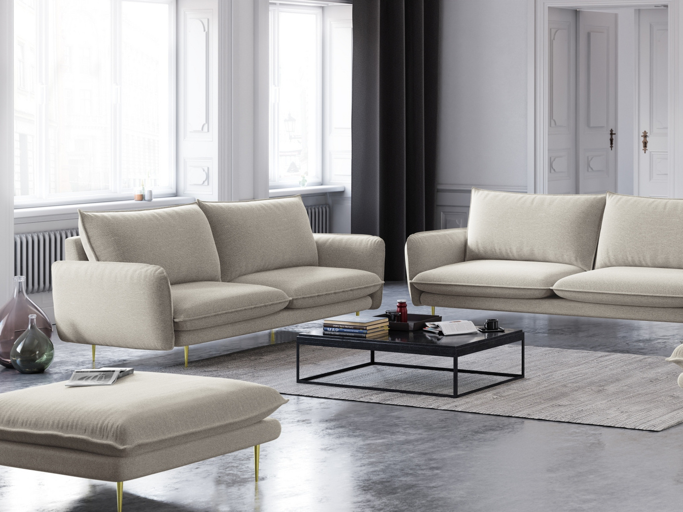 Cosmopolitan Design soffa, "Vienna", 2-sits, 160 × 92 × 95 cm, Positano, guldfärgade metallben