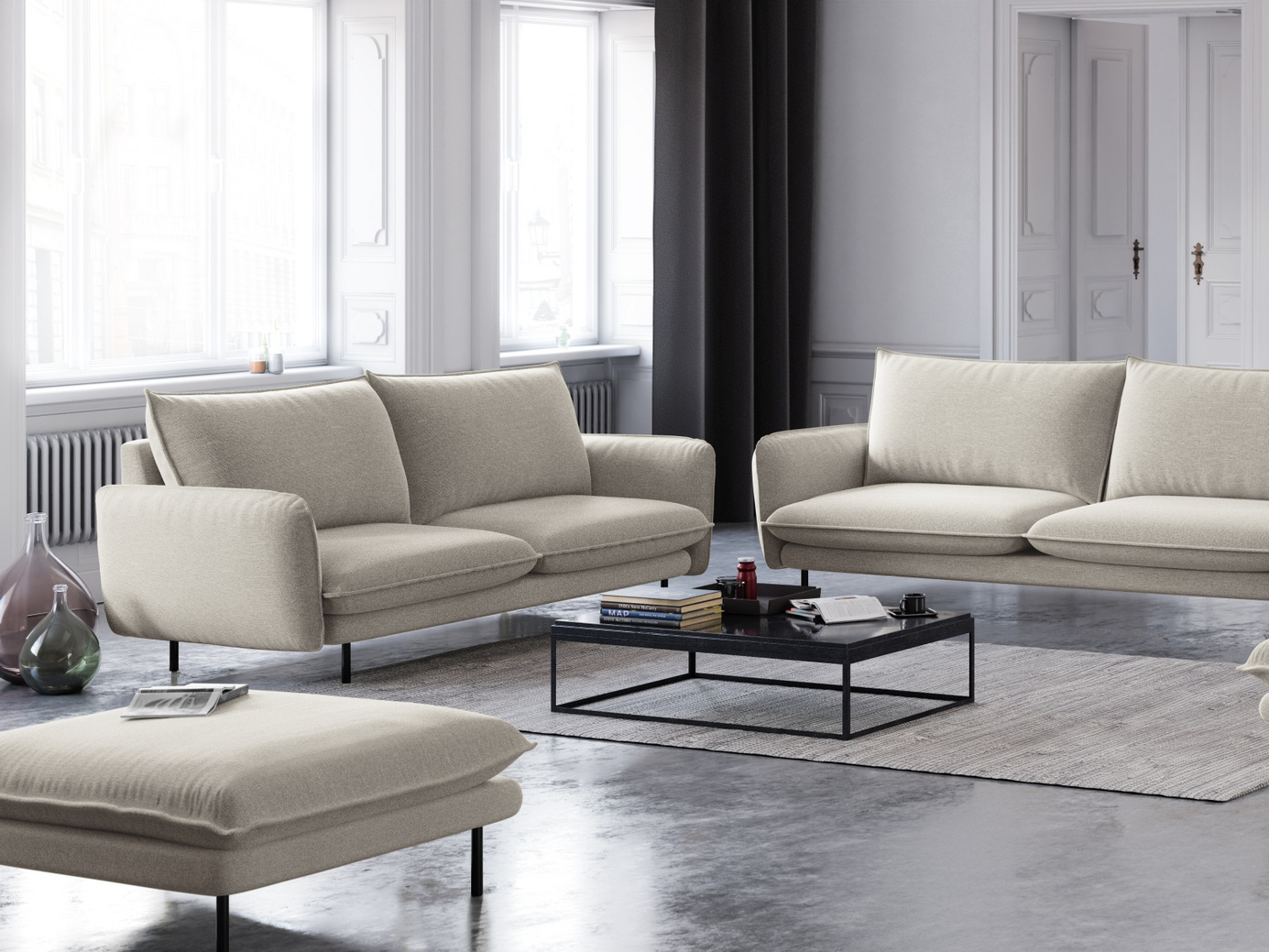 Cosmopolitan Design soffa, "Vienna", 2-sits, 160 × 92 × 95 cm, Positano, svarta metallben