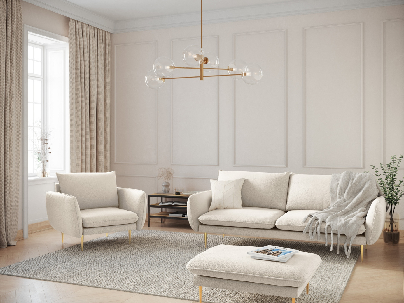Cosmopolitan Design bouclésoffa, "Vienna", 2-sits, 160 × 92 × 95 cm, Ascot, guldfärgade metallben