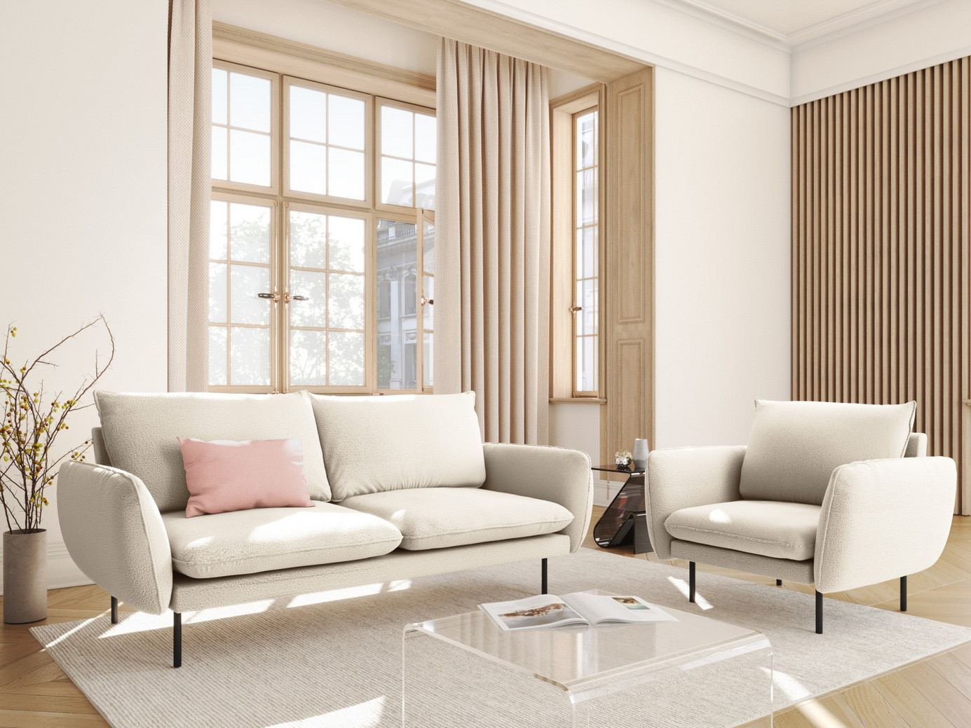 Cosmopolitan Design bouclésoffa, "Vienna", 2-sits, 160 × 92 × 95 cm, Ascot, svarta metallben