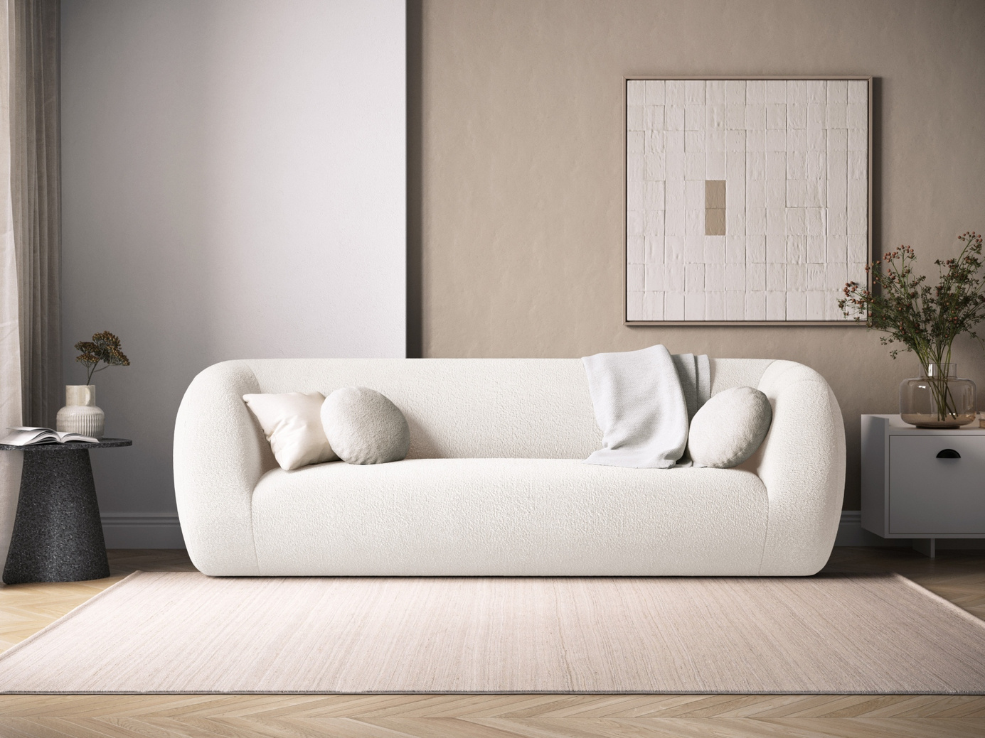 Cosmopolitan Design bouclésoffa, "Essen", 3-sits, 230 × 95 × 86 cm, Baloo, svarta plastben