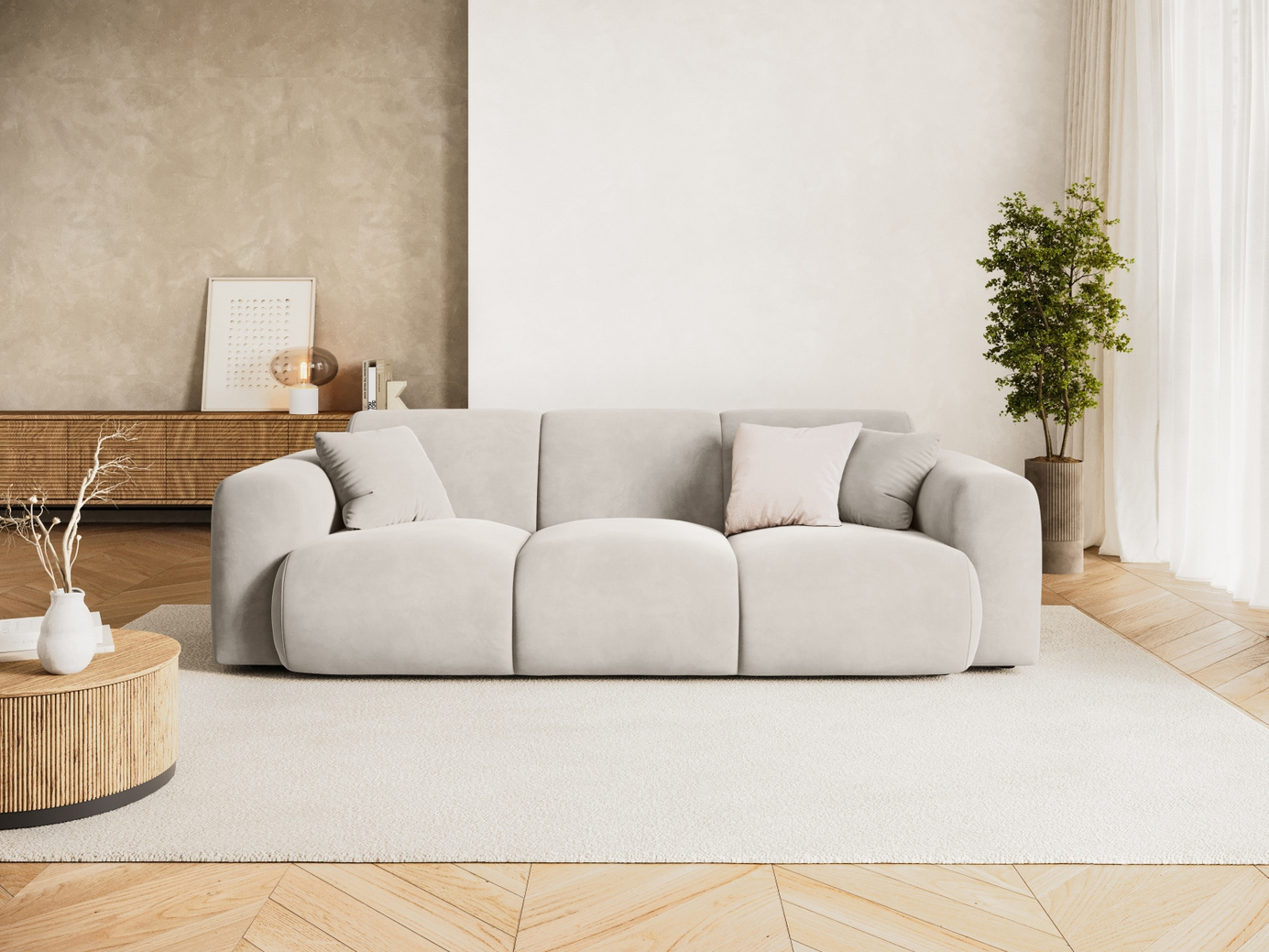 Cosmopolitan Design sammetssoffa, "Nolio", 3-sits, 235 × 95 × 72 cm, Casino, svarta plastben