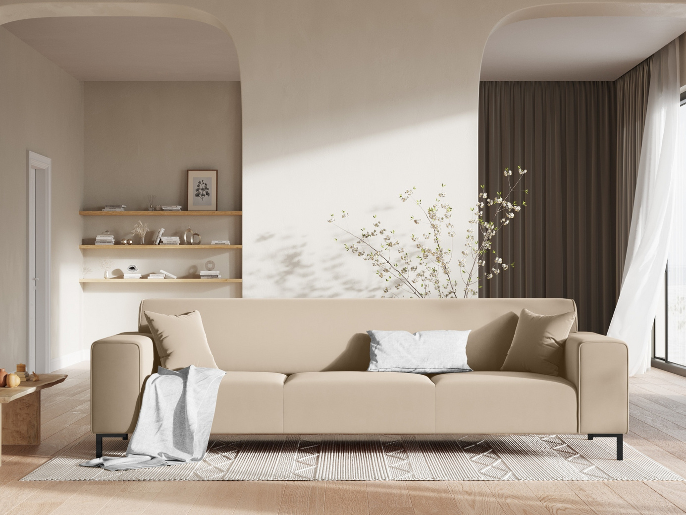 Cosmopolitan Design sammetssoffa, "Siena", 3-sits, 232 × 92 × 69 cm, Salvador, svarta plastben