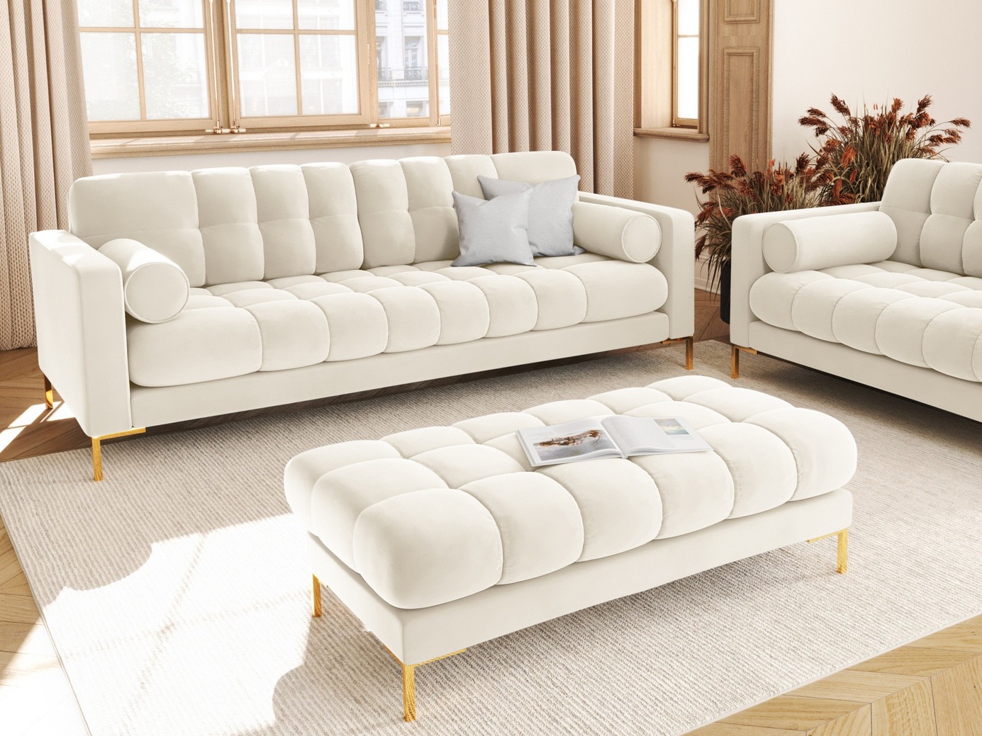 Cosmopolitan Design sammetssoffa, "Bali", 3-sits, 177 × 96 × 75 cm, Bluvel, guldfärgade metallben