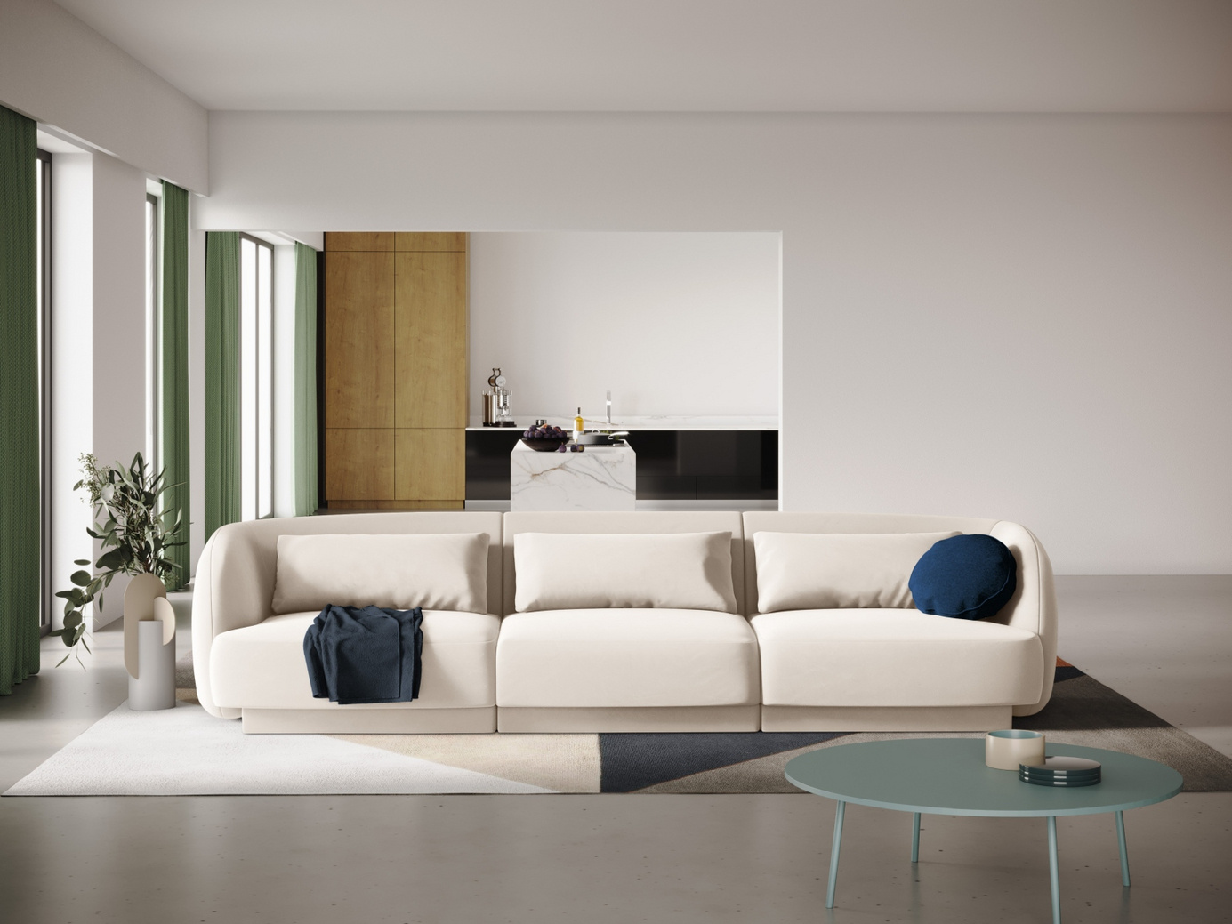 Cosmopolitan Design sammetssoffa, "Tulum", 3-sits, 255 × 90 × 70 cm, Bluvel, svarta plastben