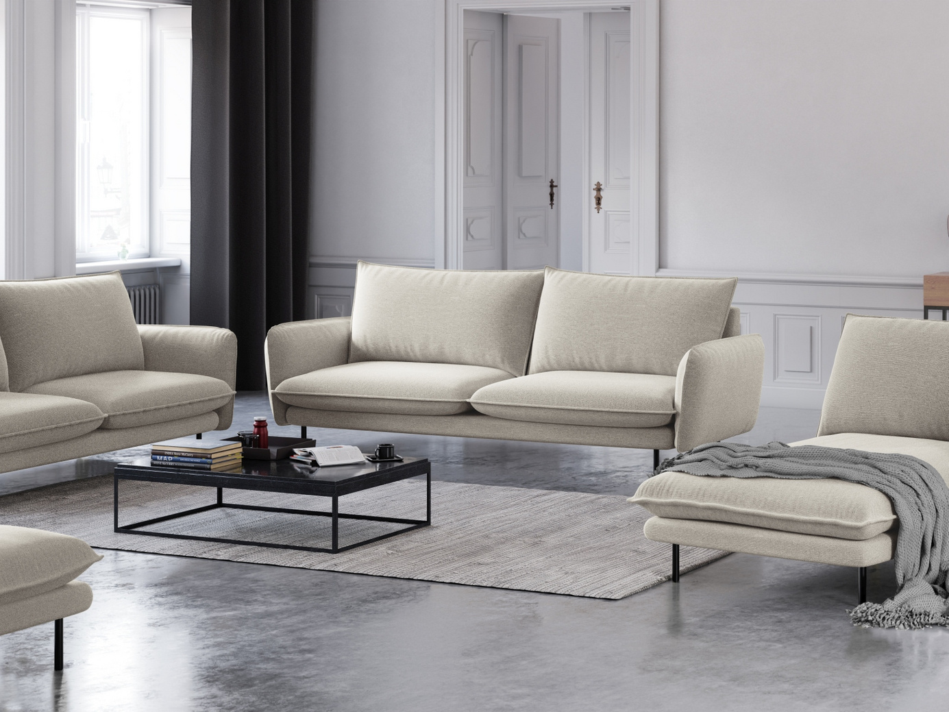 Cosmopolitan Design soffa, "Vienna", 3-sits, 200 × 92 × 95 cm, Positano, svarta metallben