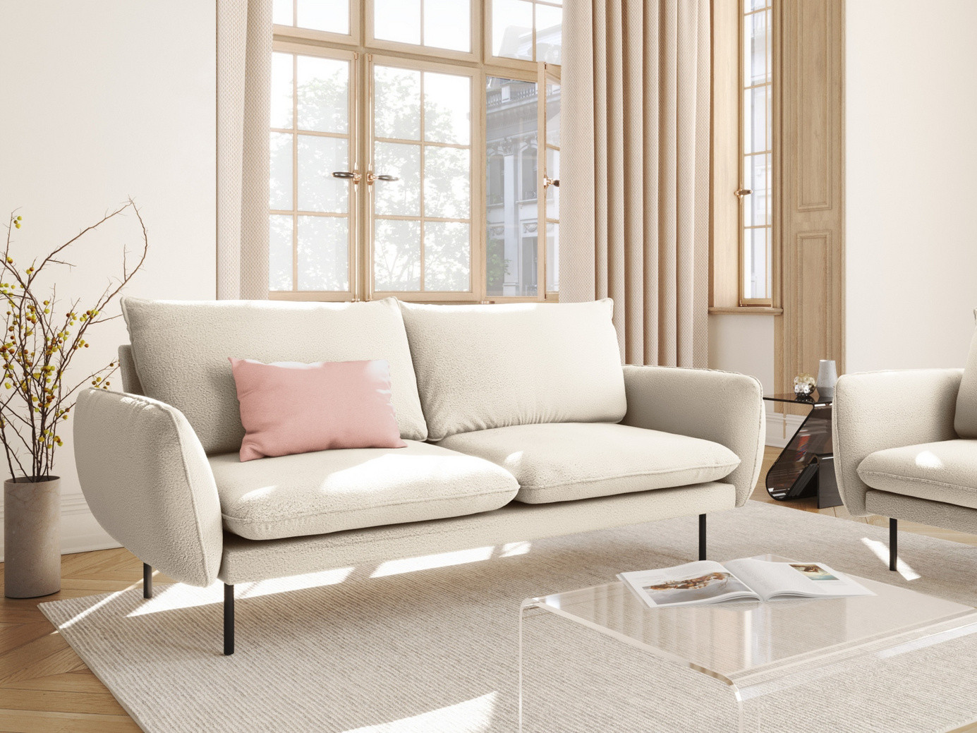 Cosmopolitan Design bouclésoffa, "Vienna", 3-sits, 200 × 92 × 95 cm, Ascot, svarta metallben