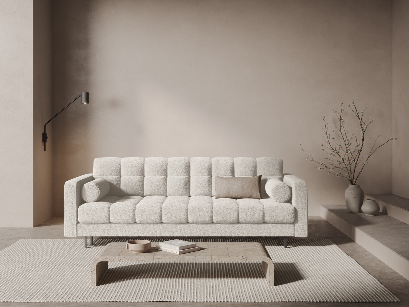 Cosmopolitan Design bouclébäddsoffa med förvaring, "Bali", 3-sits, 222 × 84 × 105 cm, Baloo, svarta metallben