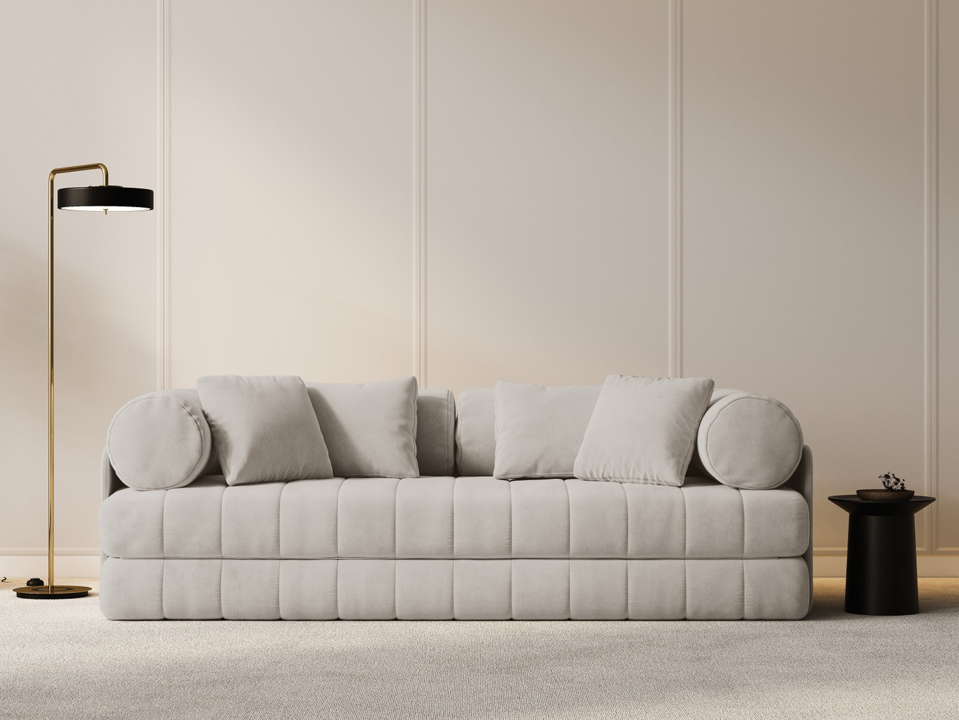 Cosmopolitan Design sammetsbäddsoffa, "Kemi", 3-sits, 206 × 95 × 70 cm, Salvador, svarta metallben