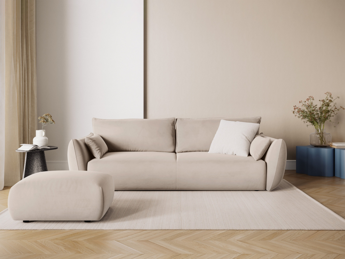 Cosmopolitan Design sammetsbäddsoffa med förvaring, "Matera", 3-sits, 240 × 108 × 86 cm, Salvador, svarta plastben