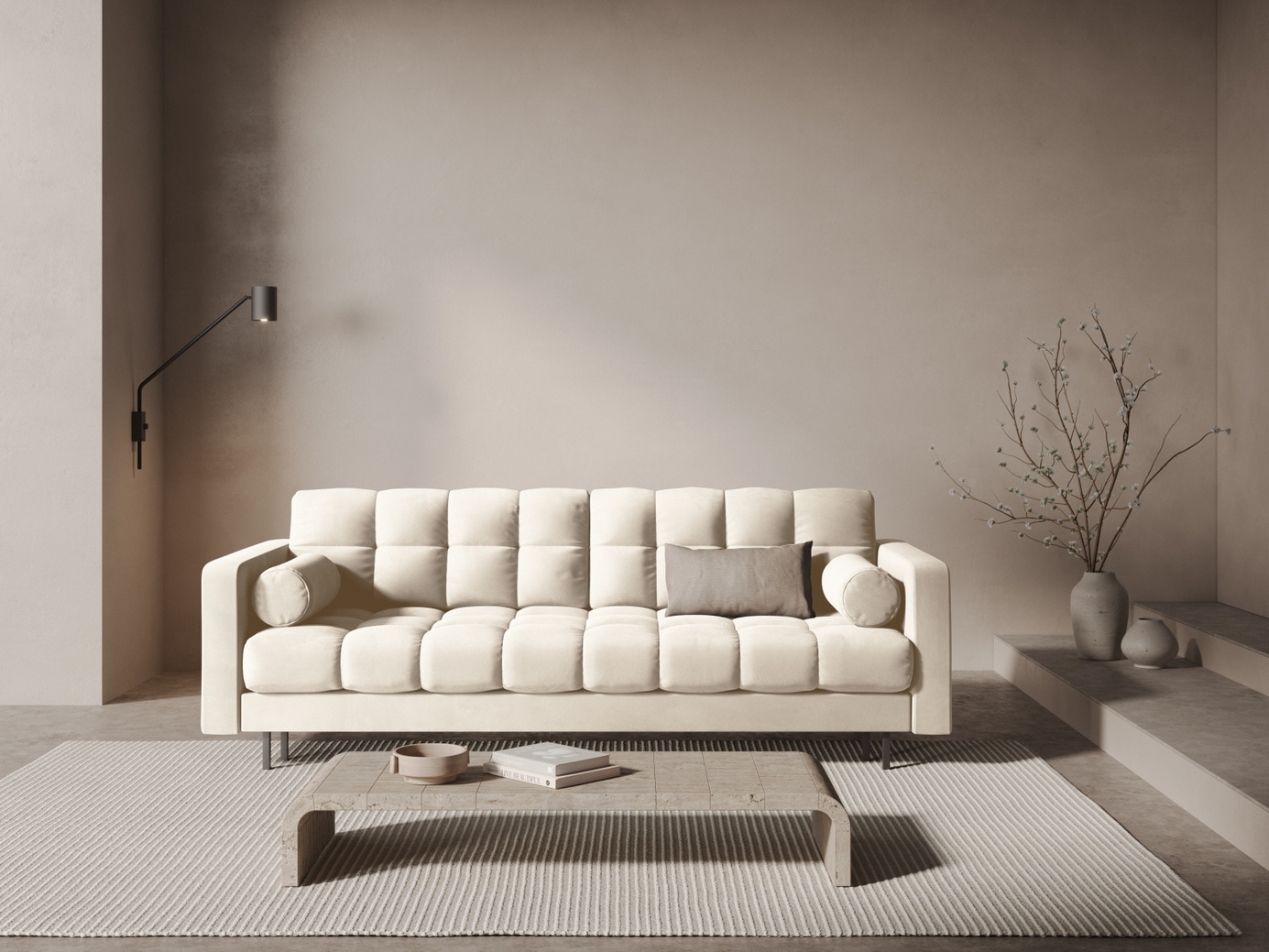 Cosmopolitan Design sammetsbäddsoffa med förvaring, "Bali", 3-sits, 222 × 84 × 105 cm, Bluvel, svarta metallben