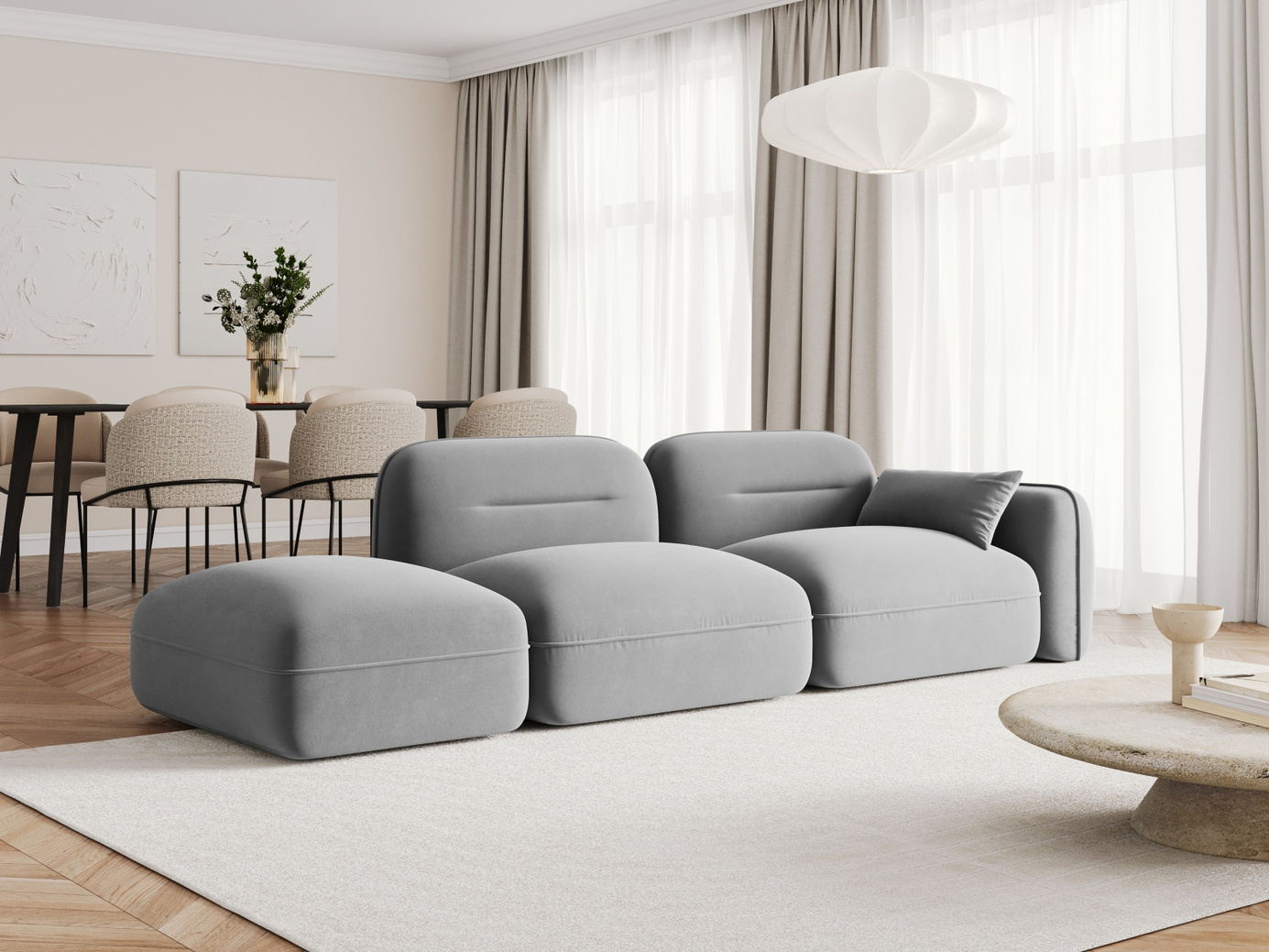 Cosmopolitan Design vänstervänd sammetsmodulsoffa, "Sydney", 3-sits, 295 × 90 × 70 cm, Casino, svarta plastben