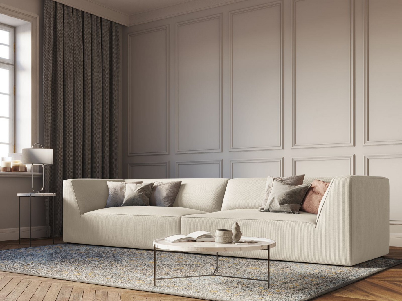 Cosmopolitan Design soffa, "Siena", 4-sits, 302 × 93 × 69 cm, Scala, svarta plastben