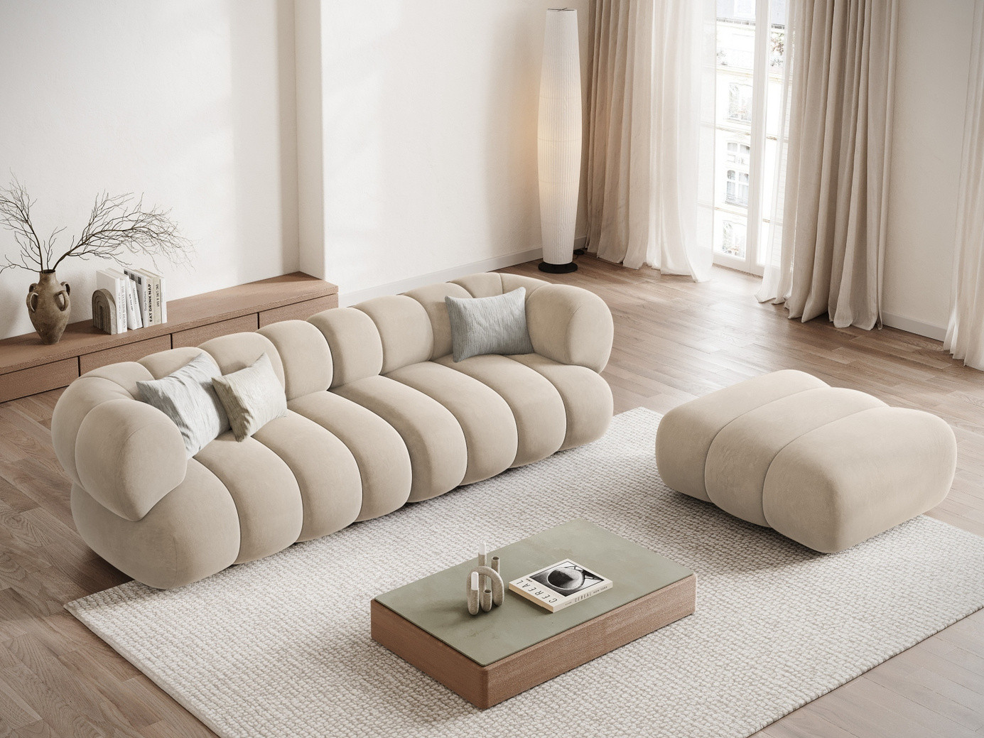Cosmopolitan Design sammetssoffa, "Koge", 4-sits, 240 × 95 × 70 cm, Vogue, svarta plastben