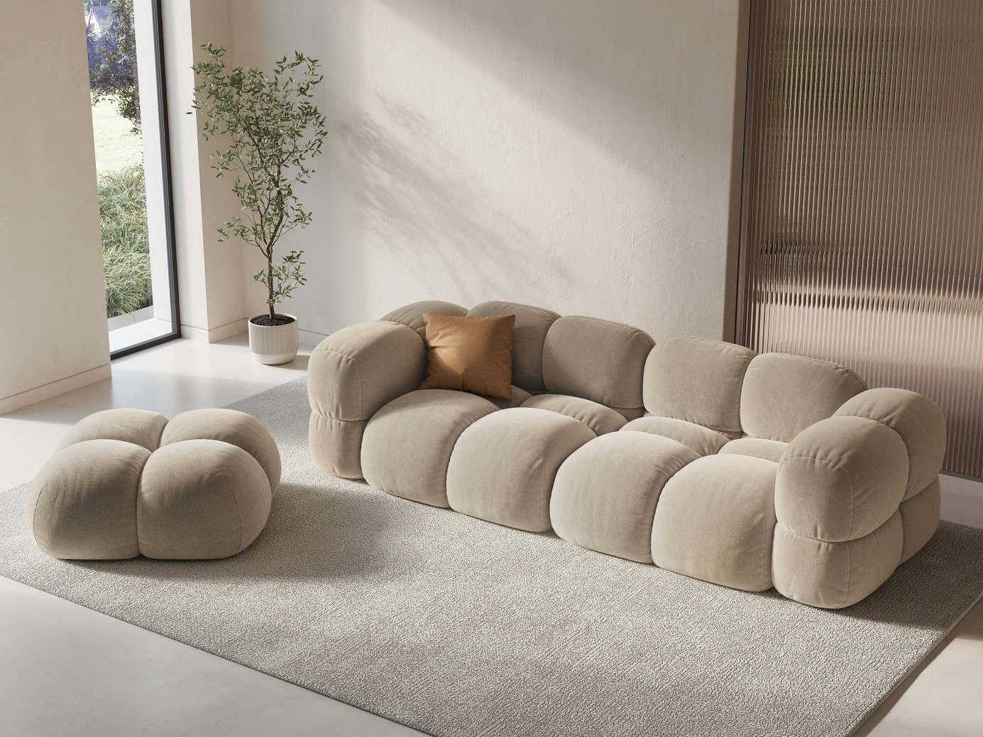 Cosmopolitan Design sammetssoffa, "Loretto", 4-sits, 250 × 100 × 68 cm, Vogue, svarta plastben