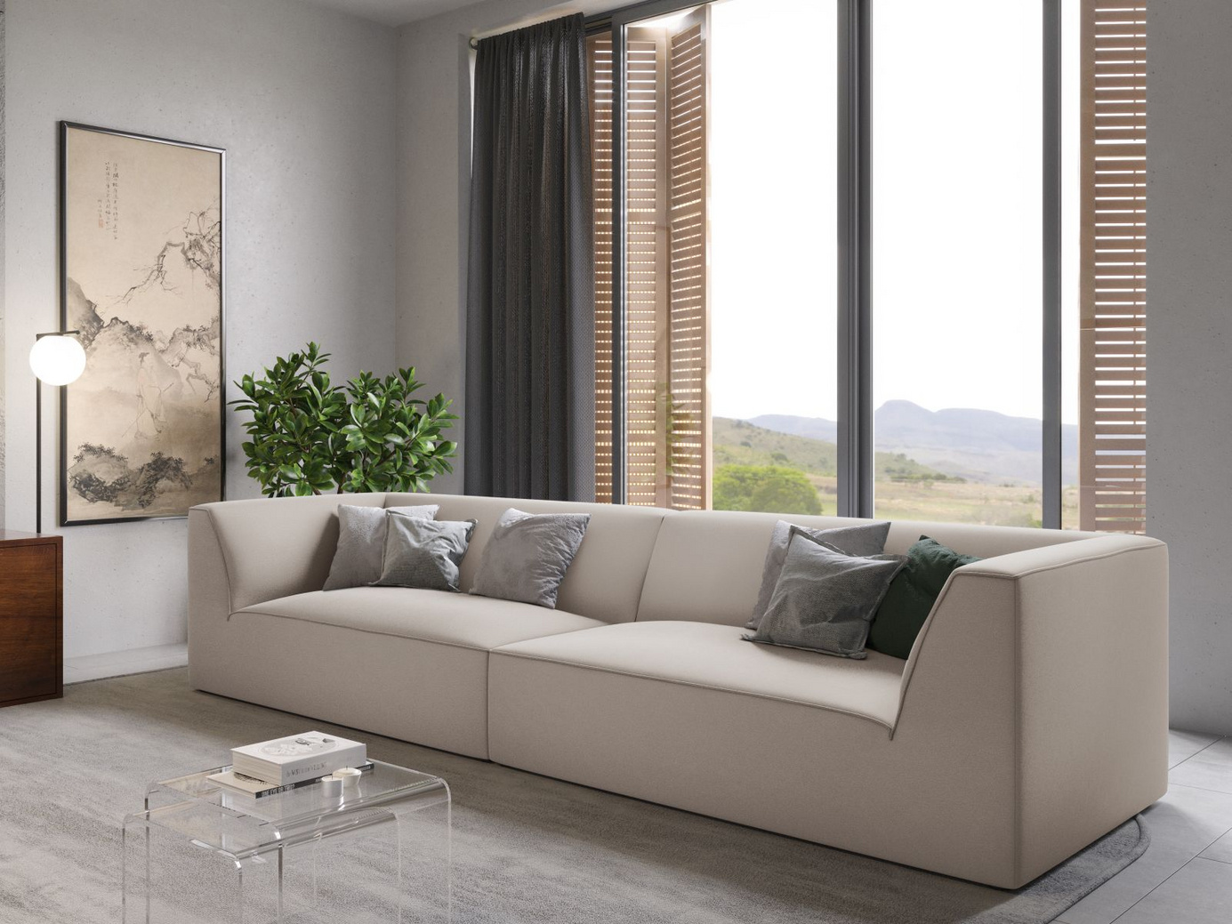 Cosmopolitan Design sammetssoffa, "Siena", 4-sits, 302 × 93 × 69 cm, Salvador, svarta plastben