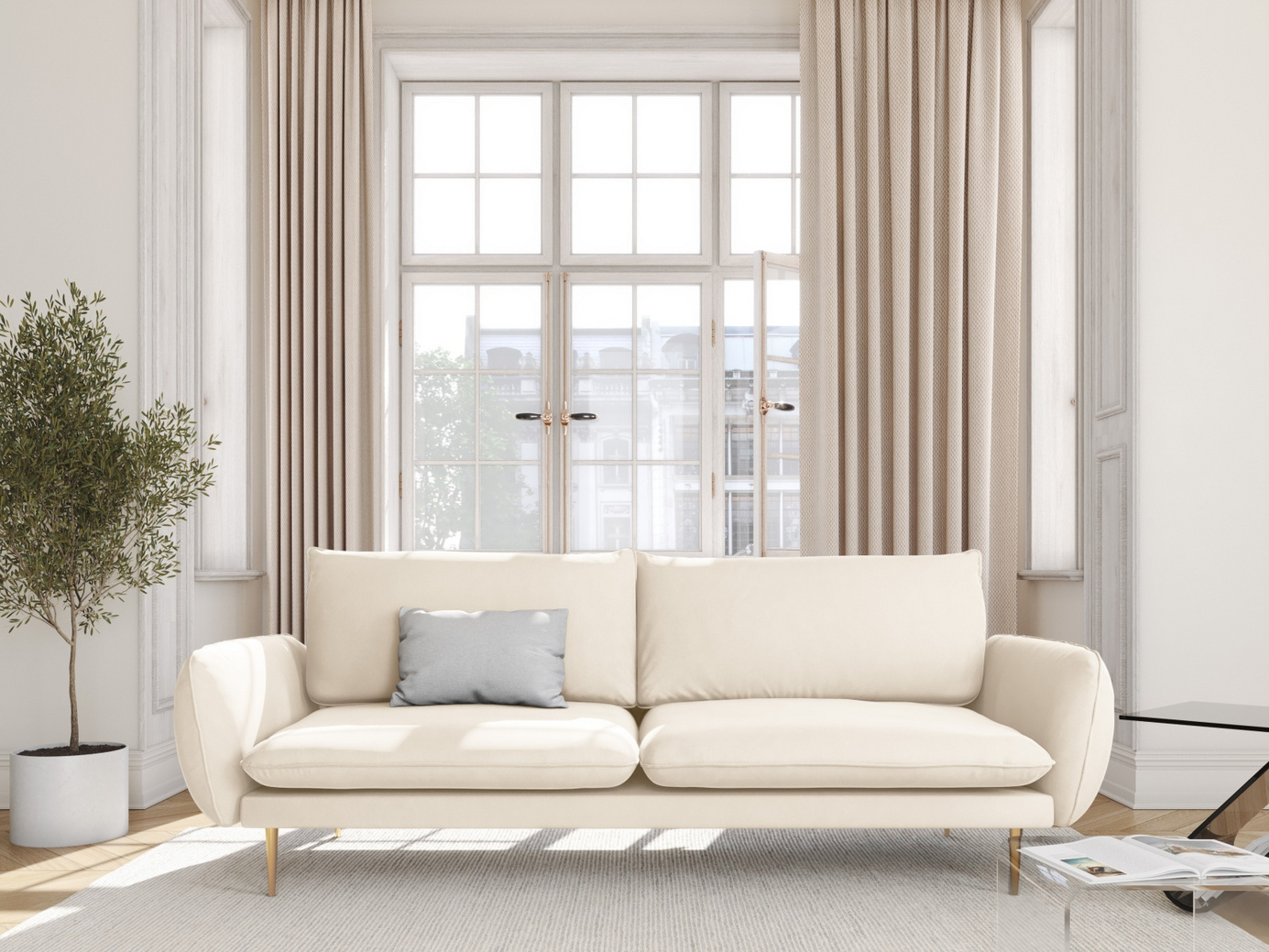 Cosmopolitan Design sammetssoffa, "Vienna", 4-sits, 230 × 92 × 95 cm, Bluvel, guldfärgade metallben
