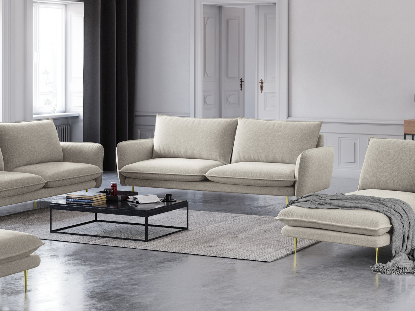 Cosmopolitan Design soffa, "Vienna", 4-sits, 230 × 92 × 95 cm, Positano, guldfärgade metallben