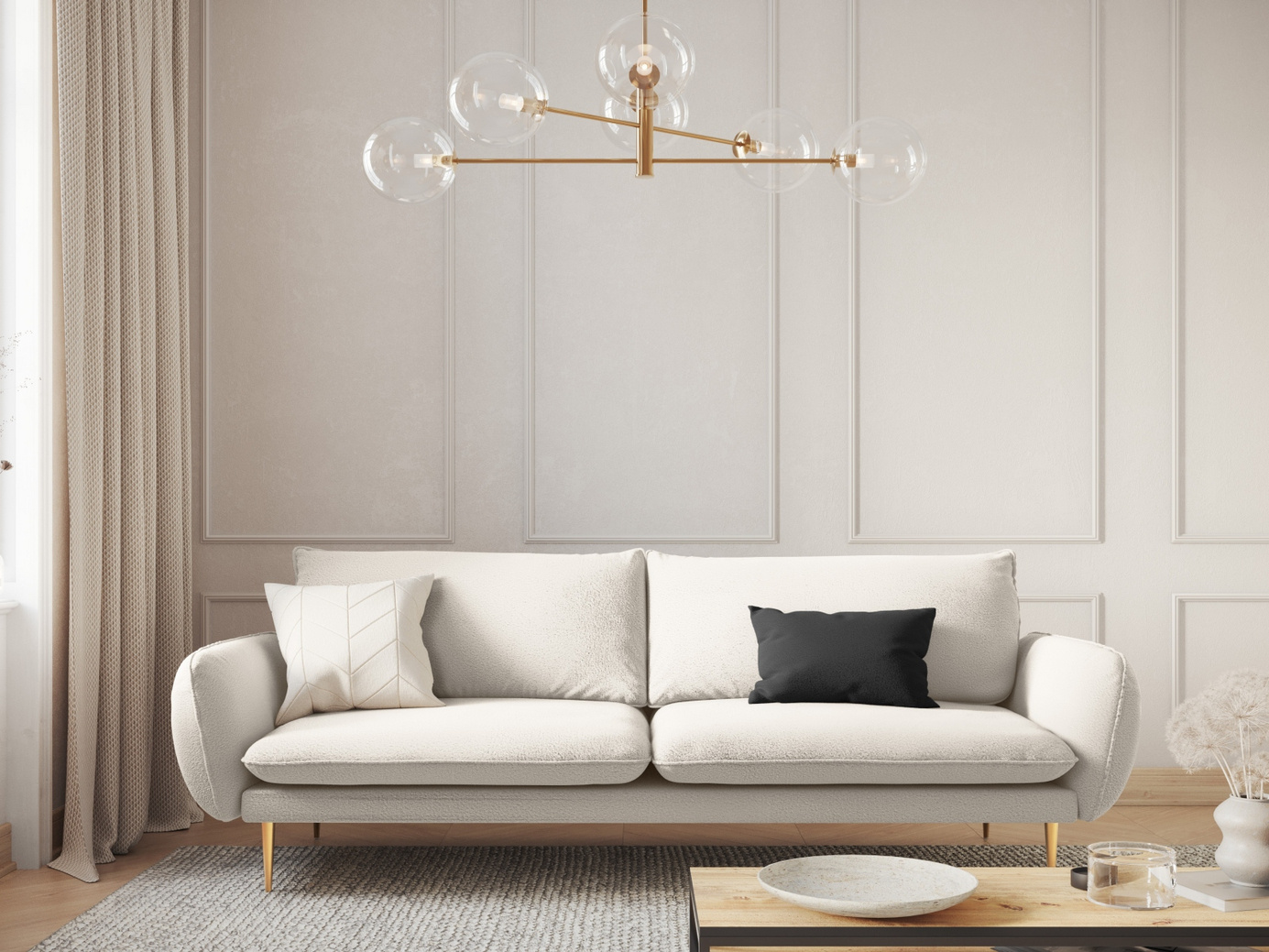 Cosmopolitan Design bouclésoffa, "Vienna", 4-sits, 230 × 92 × 95 cm, Ascot, guldfärgade metallben