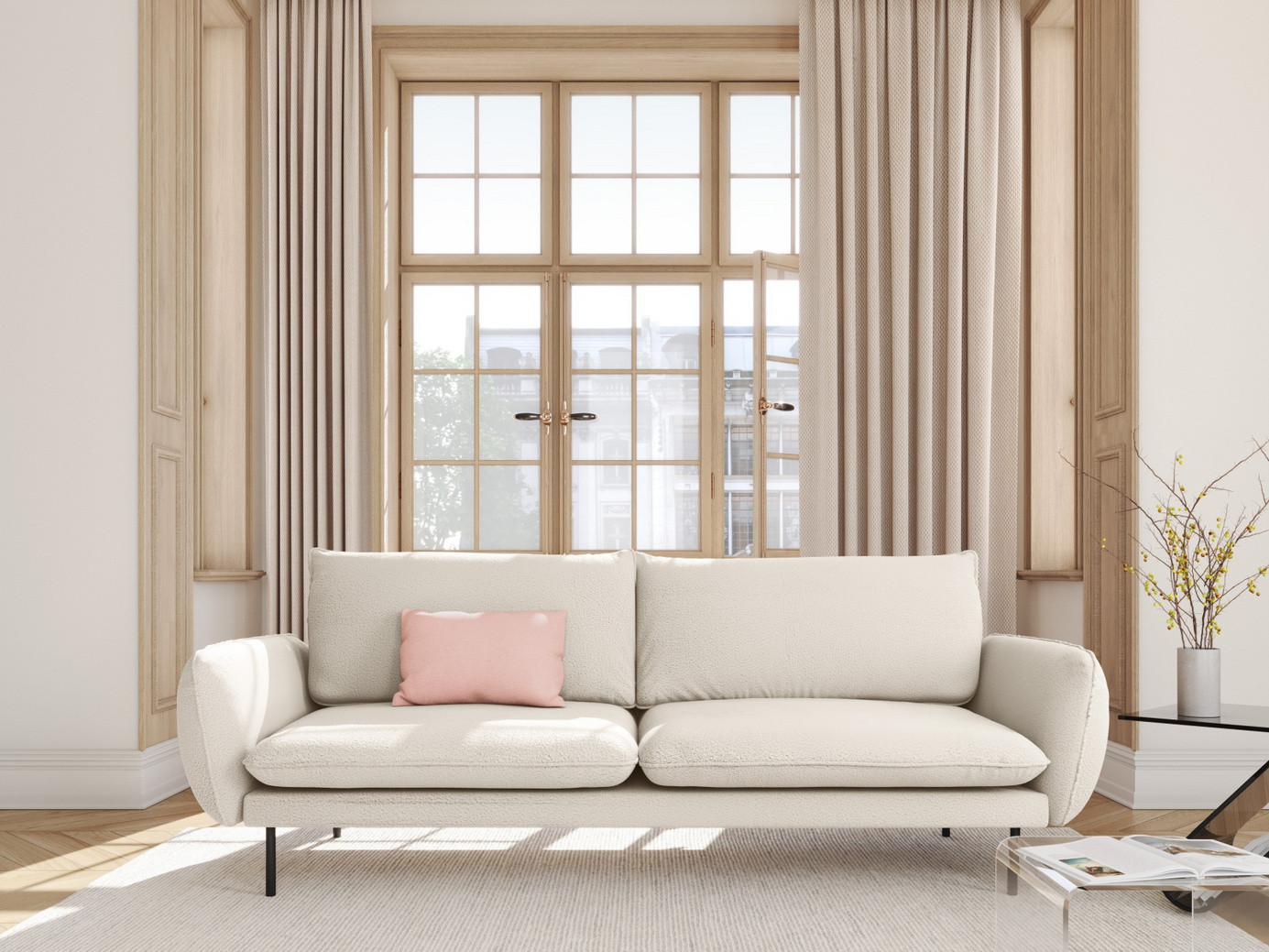 Cosmopolitan Design bouclésoffa, "Vienna", 4-sits, 230 × 92 × 95 cm, Ascot, svarta metallben