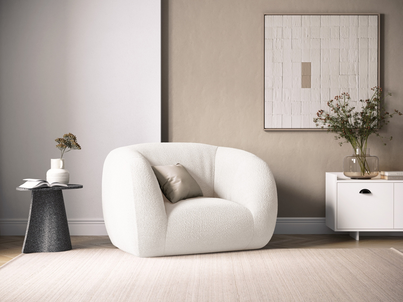 Cosmopolitan Design boucléfåtölj, "Essen", 1-sits, 130 × 95 × 86 cm, Baloo, svarta plastben