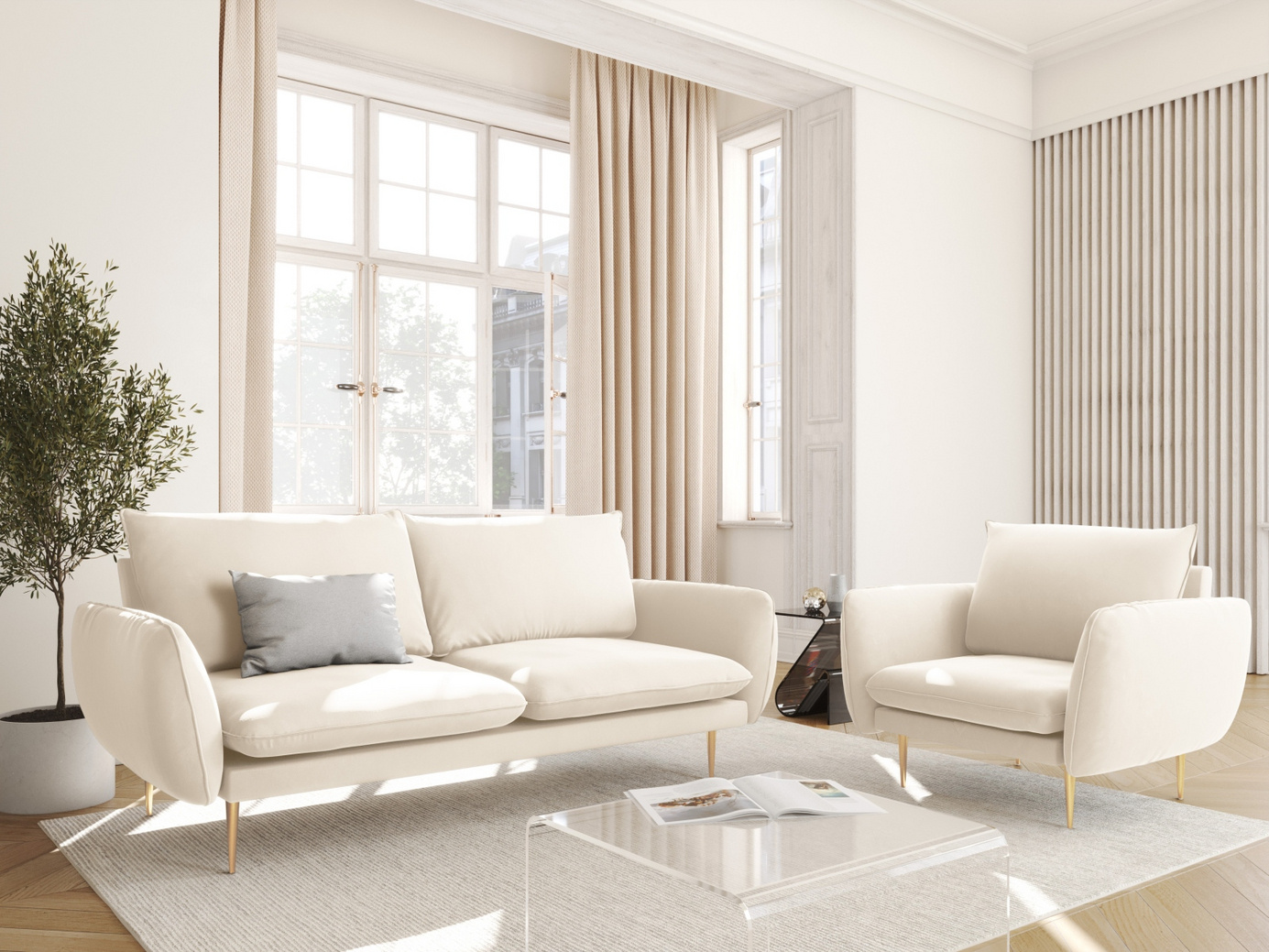 Cosmopolitan Design sammetsfåtölj, "Vienna", 1-sits, 97 × 94 × 95 cm, Bluvel, guldfärgade metallben