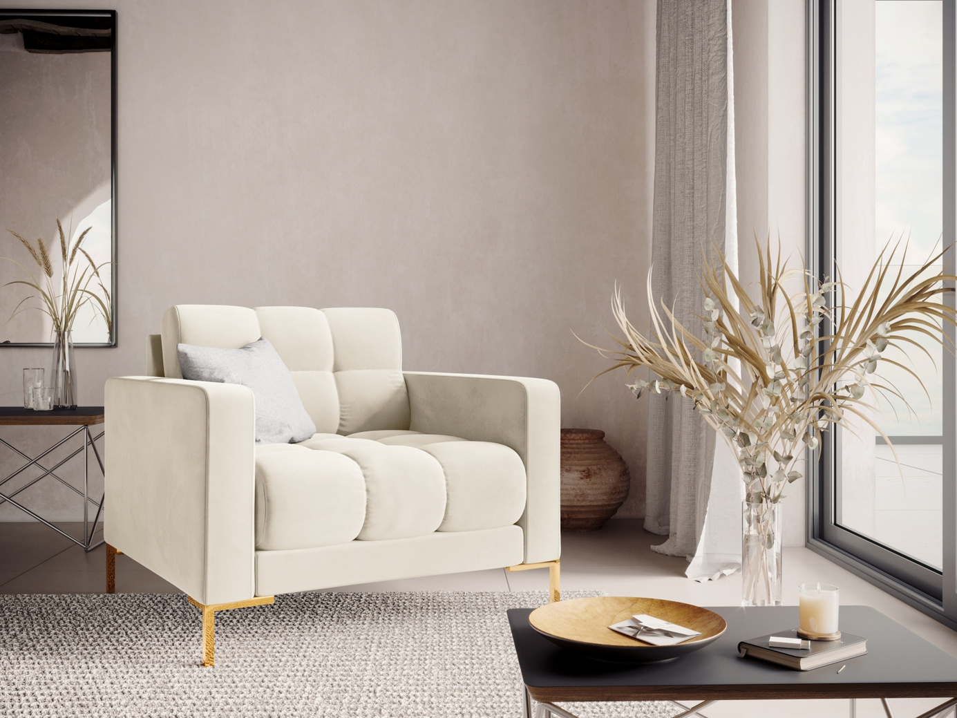 Cosmopolitan Design sammetsfåtölj, "Bali", 1-sits, 87 × 96 × 75 cm, Bluvel, guldfärgade metallben