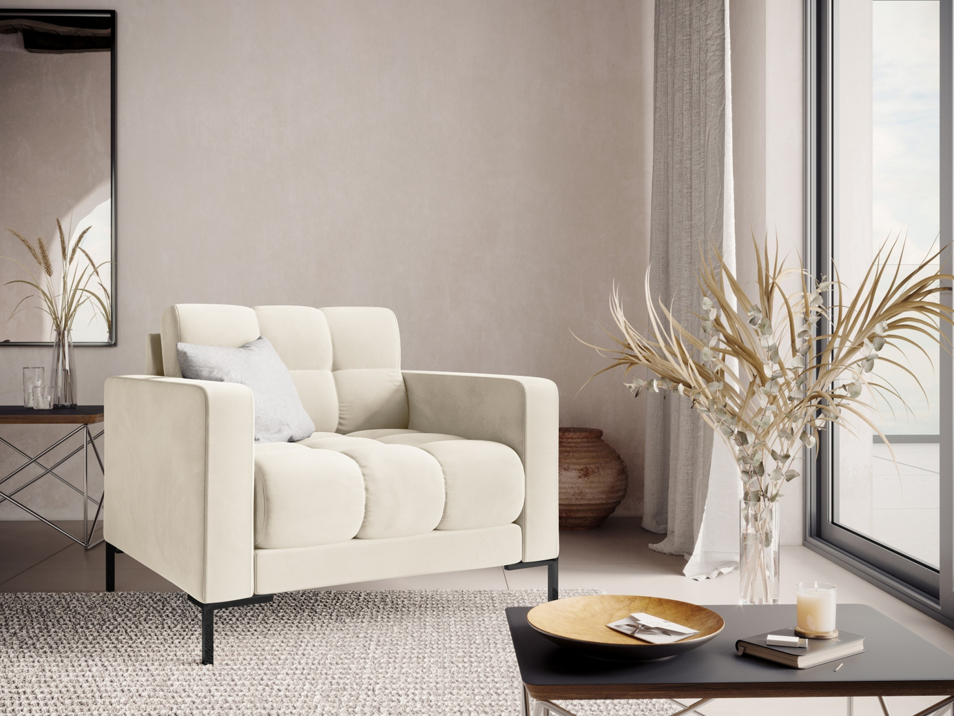 Cosmopolitan Design sammetsfåtölj, "Bali", 1-sits, 87 × 96 × 75 cm, Bluvel, svarta metallben