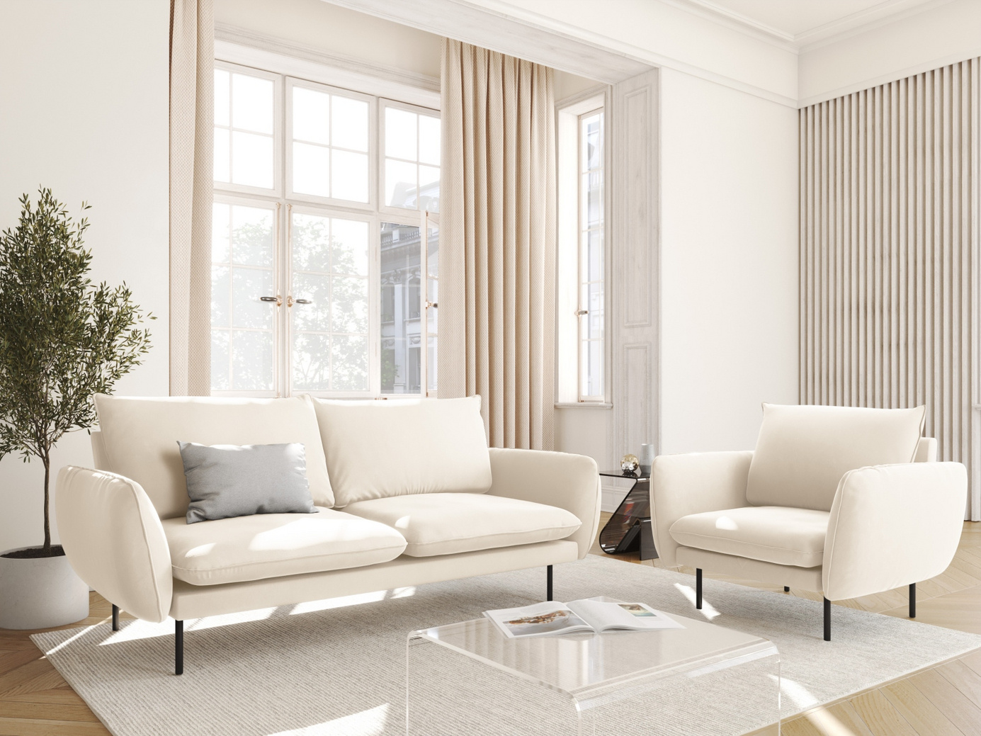 Cosmopolitan Design sammetsfåtölj, "Vienna", 1-sits, 97 × 94 × 95 cm, Bluvel, svarta metallben