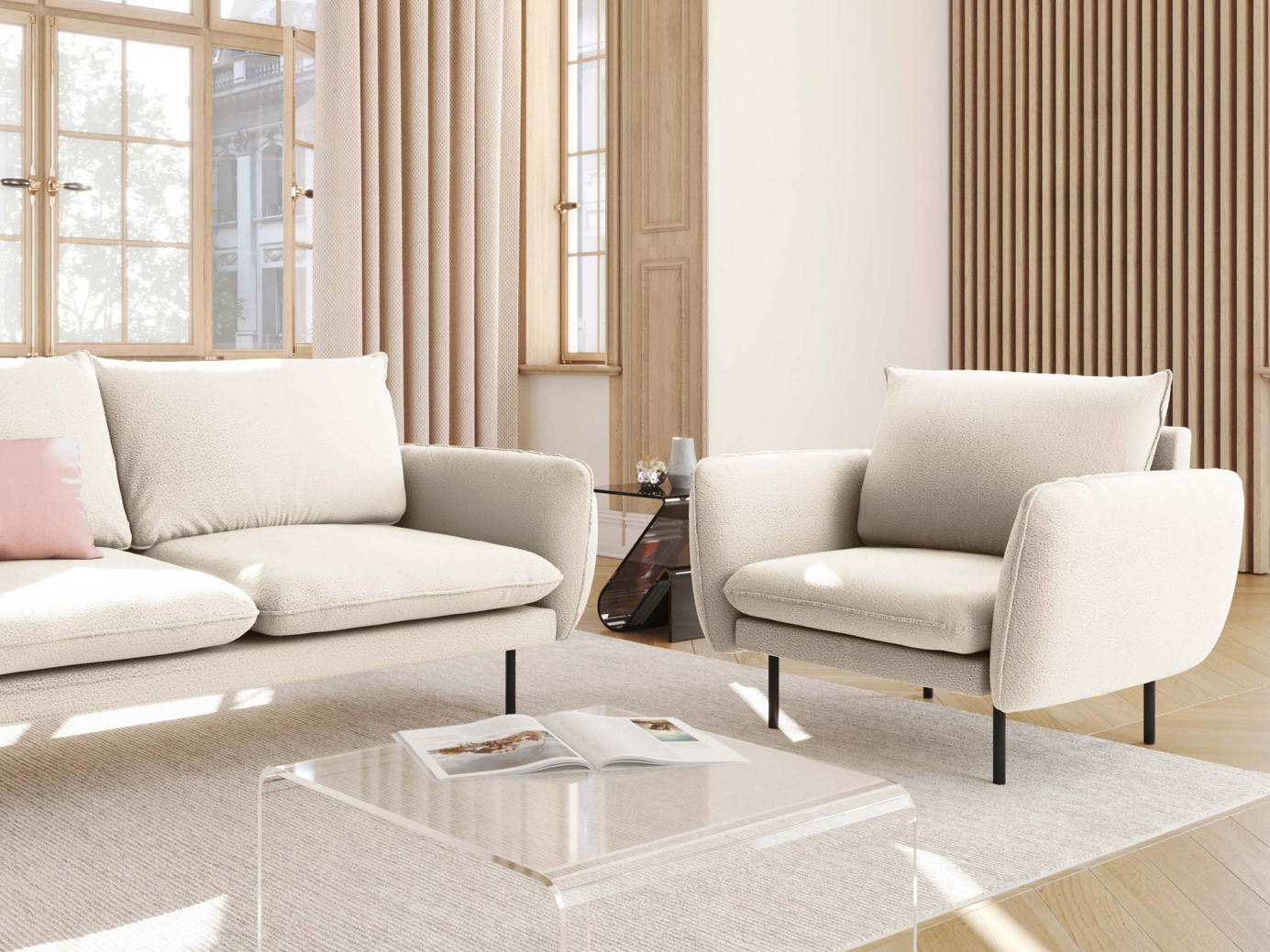 Cosmopolitan Design boucléfåtölj, "Vienna", 1-sits, 97 × 94 × 95 cm, Ascot, svarta metallben