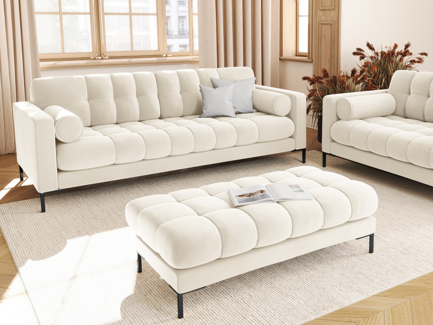 Cosmopolitan Design sammetsbänk, "Bali", 2-sits, 133 × 62 × 40 cm, Bluvel, svarta metallben