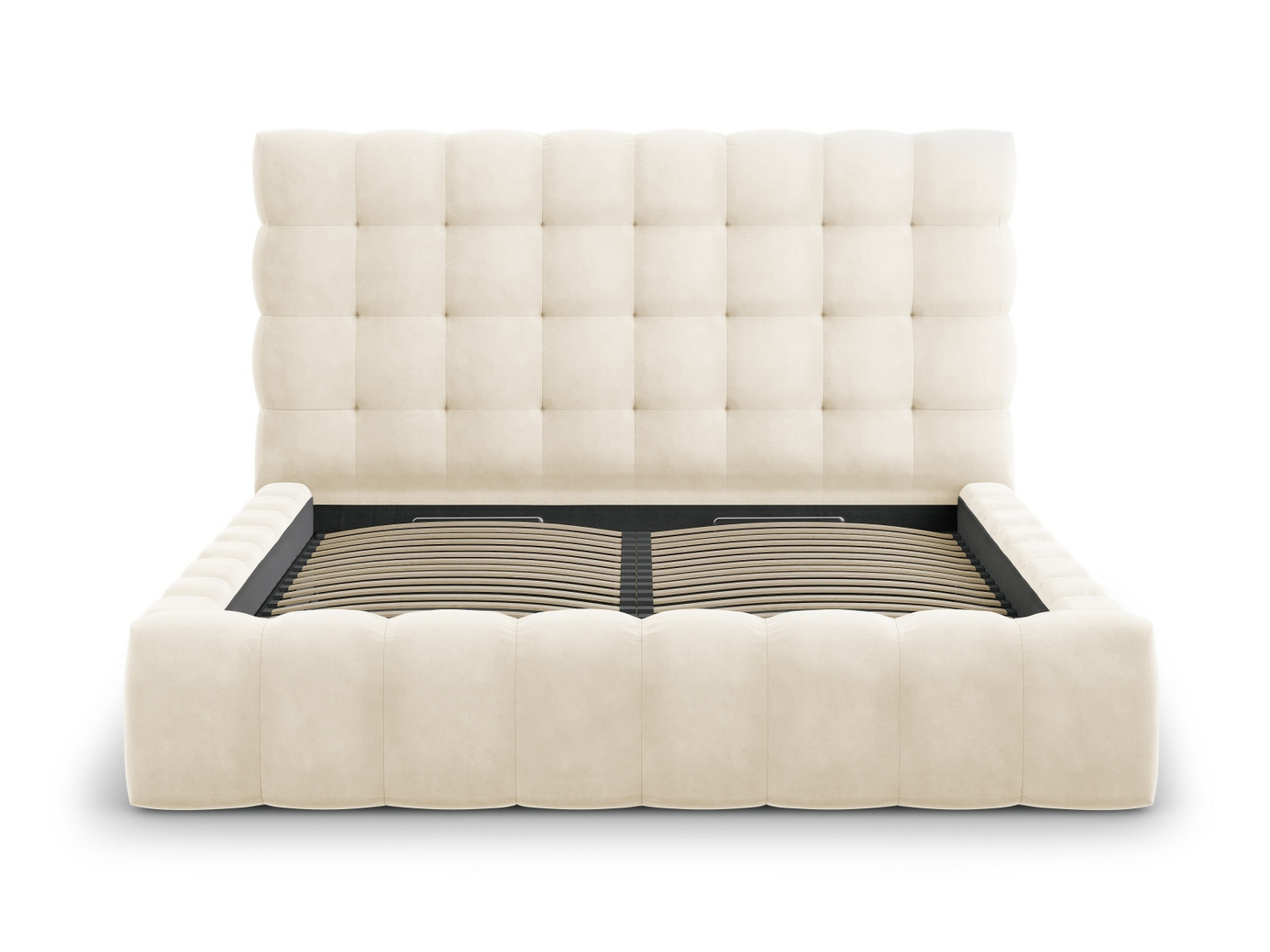 Cosmopolitan Design sammetssäng med förvaring och sänggavel, "Bali", 165 × 230 × 125 cm, Bluvel, svarta plastben