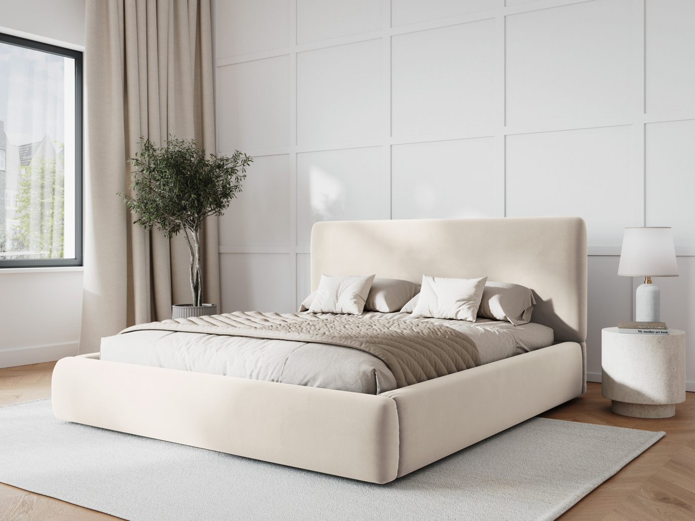 Cosmopolitan Design sammetssäng med förvaring och sänggavel, "Colonel", 200 × 220 × 100 cm, Riviera, svarta plastben