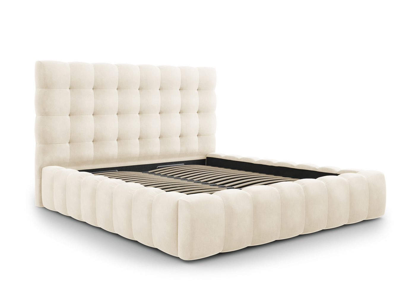 Cosmopolitan Design sammetssäng med förvaring och sänggavel, "Bali", 205 × 230 × 125 cm, Bluvel, svarta plastben