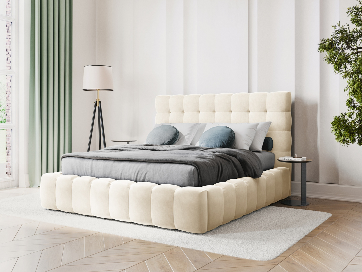 Cosmopolitan Design sammetssäng med förvaring och sänggavel, "Bali", 205 × 230 × 125 cm, Bluvel, svarta plastben