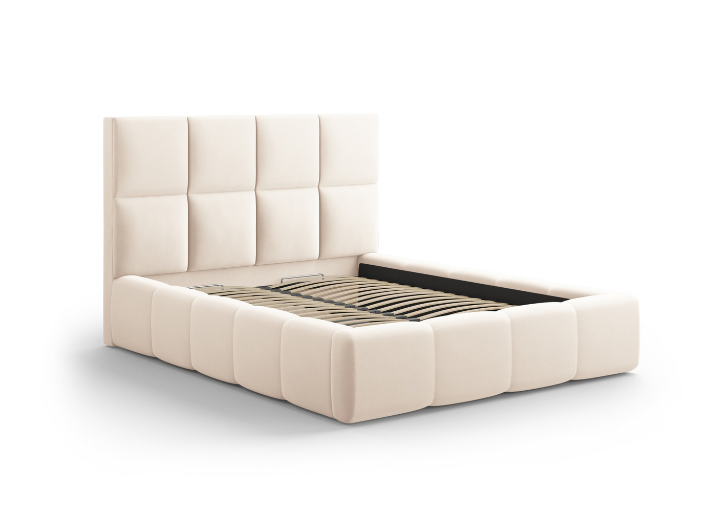 Cosmopolitan Design sammetssäng med förvaring och sänggavel, "Livigno", 205 × 230 × 125 cm, Bluvel, svarta plastben