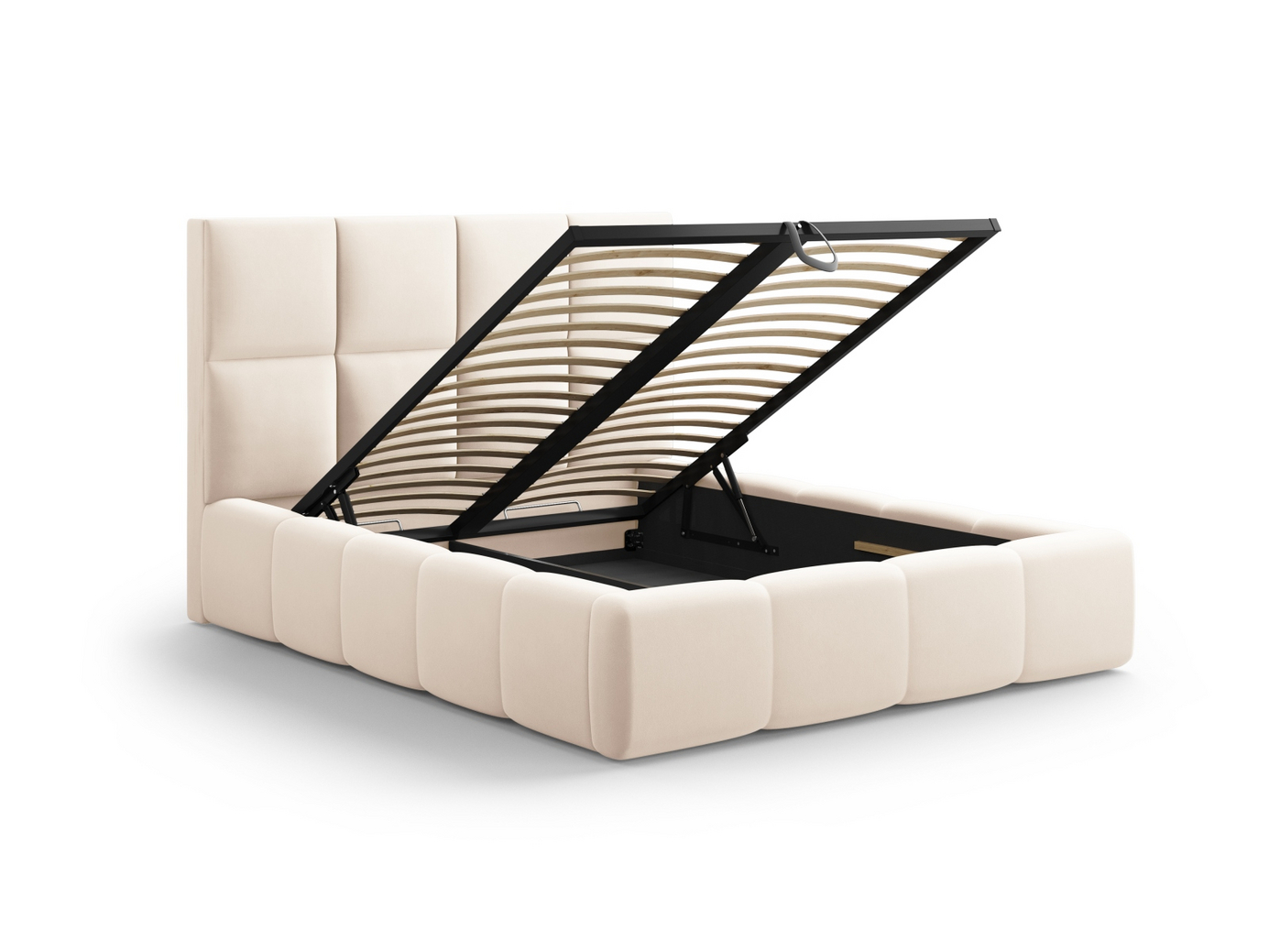 Cosmopolitan Design sammetssäng med förvaring och sänggavel, "Livigno", 205 × 230 × 125 cm, Bluvel, svarta plastben