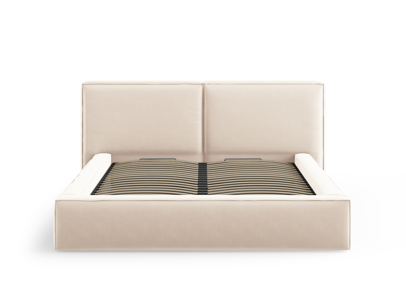 Cosmopolitan Design sammetssäng med förvaring och dubbel sänggavel, "Arendal", 194 × 228 × 97,5 cm, Bluvel, svarta plastben