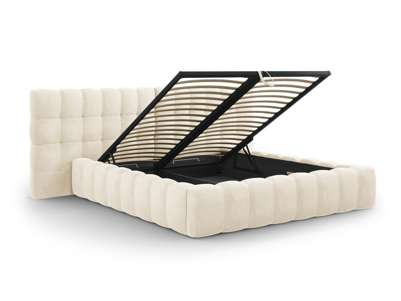 Cosmopolitan Design sammetssäng med förvaring och dubbel sänggavel, "Bali", 200 × 230 × 100 cm, Bluvel, svarta plastben