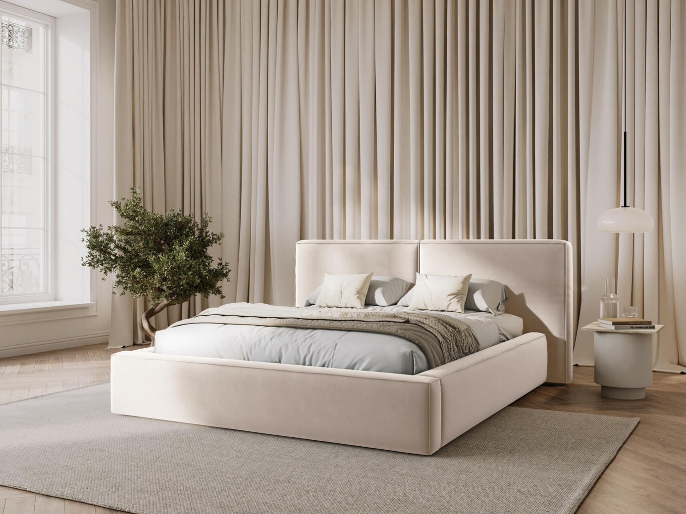 Cosmopolitan Design sammetssäng med förvaring och dubbel sänggavel, "Arendal", 214 × 228 × 97,5 cm, Bluvel, svarta plastben