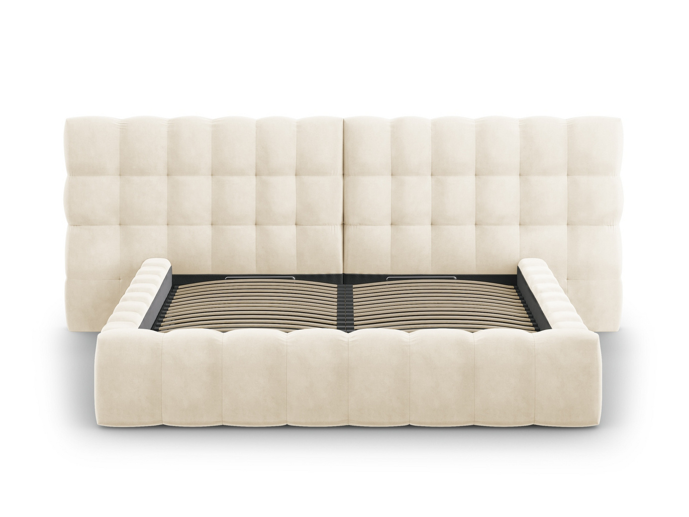 Cosmopolitan Design sammetssäng med förvaring och dubbel sänggavel, "Bali", 250 × 230 × 100 cm, Bluvel, svarta plastben