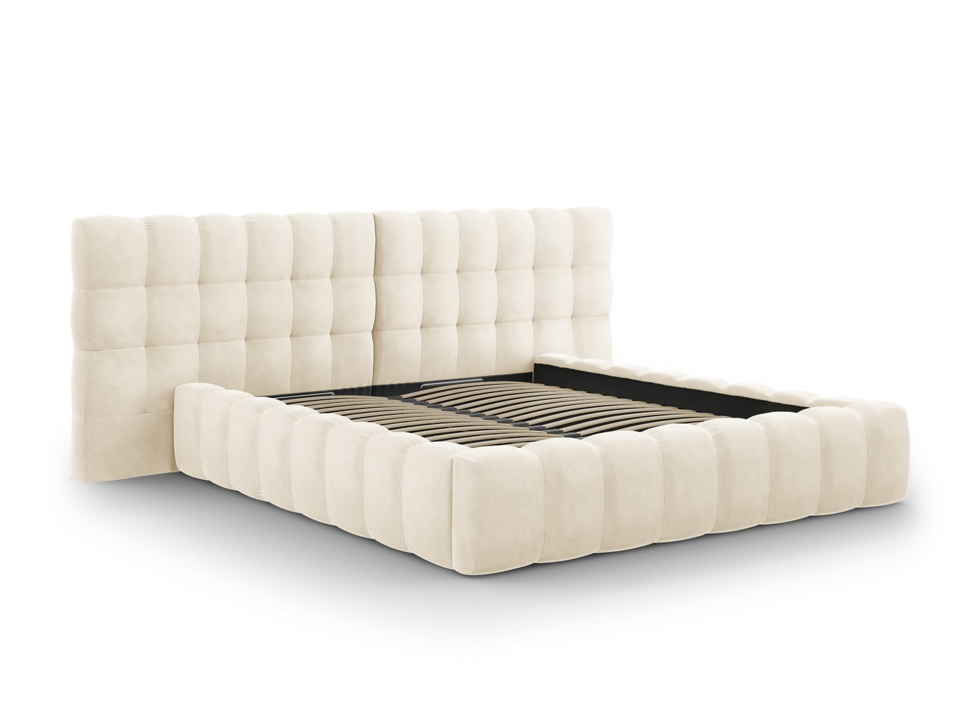 Cosmopolitan Design sammetssäng med förvaring och dubbel sänggavel, "Bali", 300 × 230 × 100 cm, Bluvel, svarta plastben