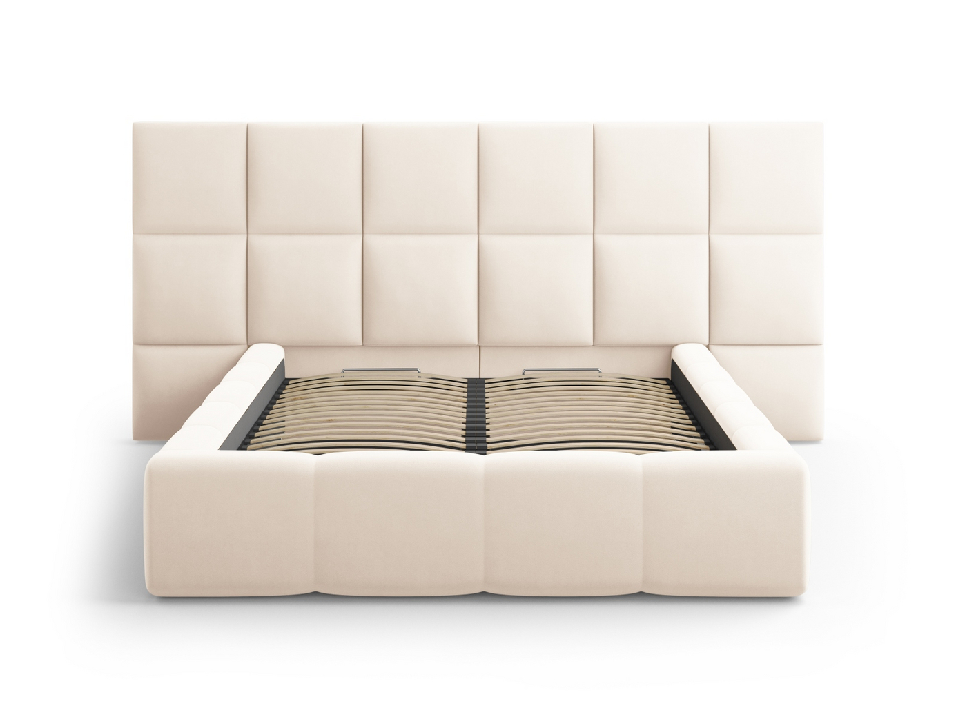 Cosmopolitan Design sammetssäng med förvaring och dubbel sänggavel, "Livigno", 300 × 230 × 125 cm, Bluvel, svarta plastben