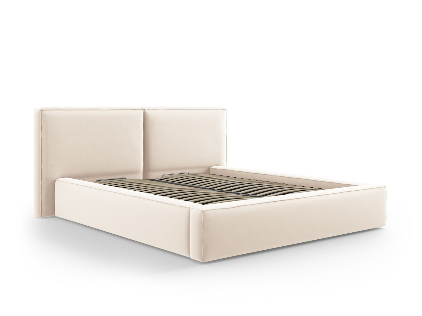 Cosmopolitan Design sammetssäng med förvaring och dubbel sänggavel, "Arendal", 251 × 228 × 97,5 cm, Bluvel, svarta plastben