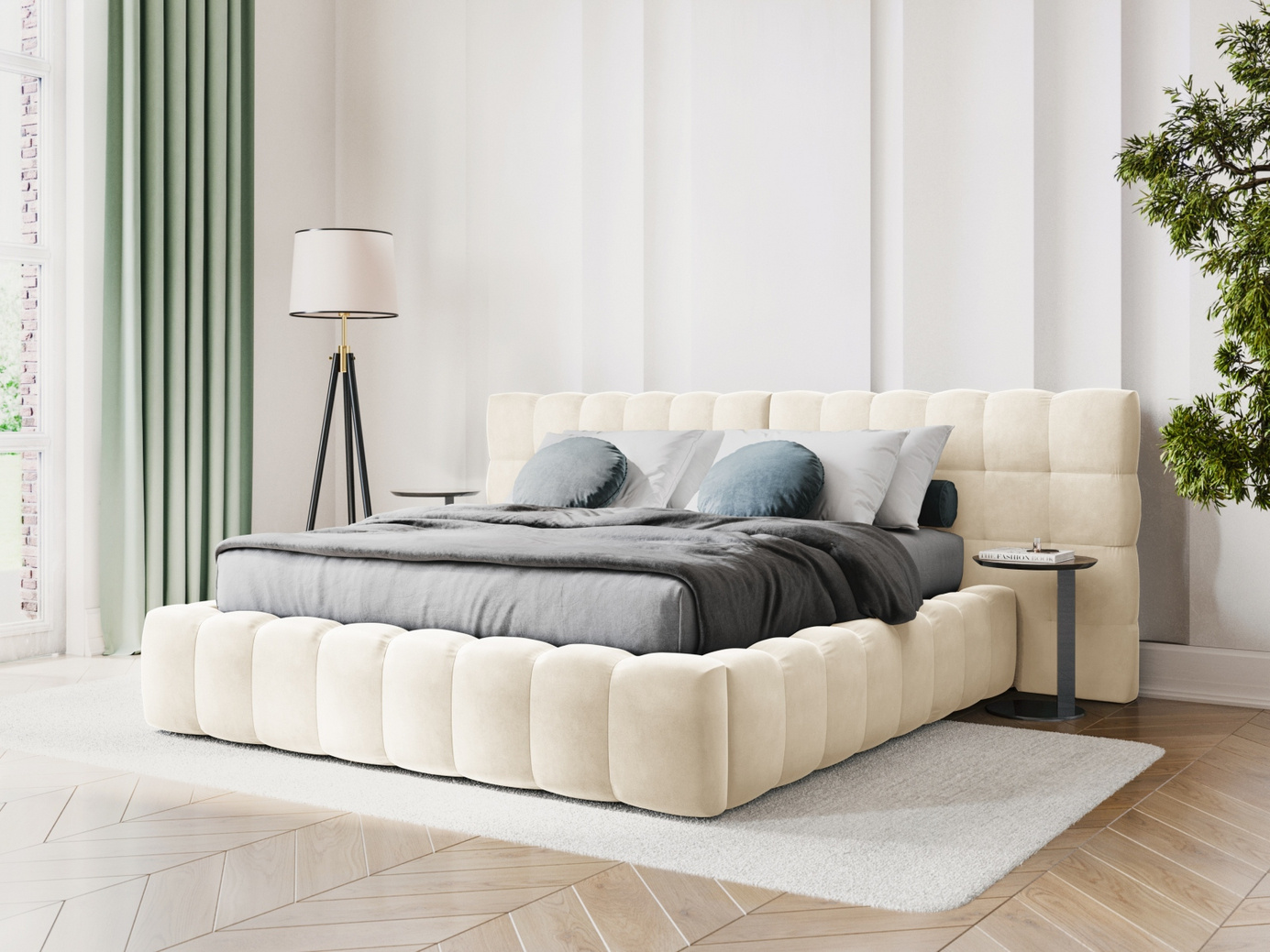 Cosmopolitan Design sammetssäng med förvaring och dubbel sänggavel, "Bali", 350 × 230 × 100 cm, Bluvel, svarta plastben