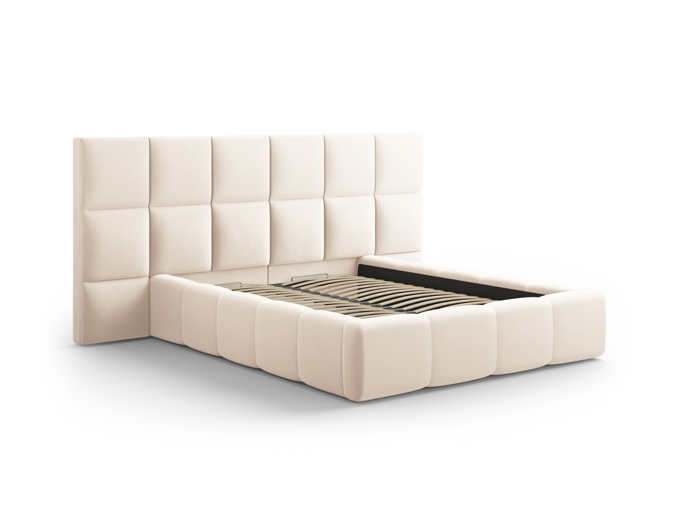 Cosmopolitan Design sammetssäng med förvaring och dubbel sänggavel, "Livigno", 350 × 230 × 125 cm, Bluvel, svarta plastben